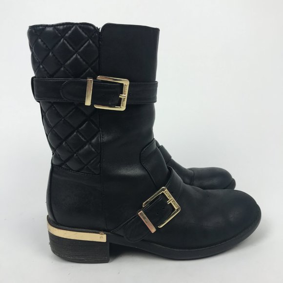 VINCE CAMUTO Wilamena Black Leather Gold Buckle Quilted Mid Calf‎ Boot Size 5.5 - Picture 1 of 11
